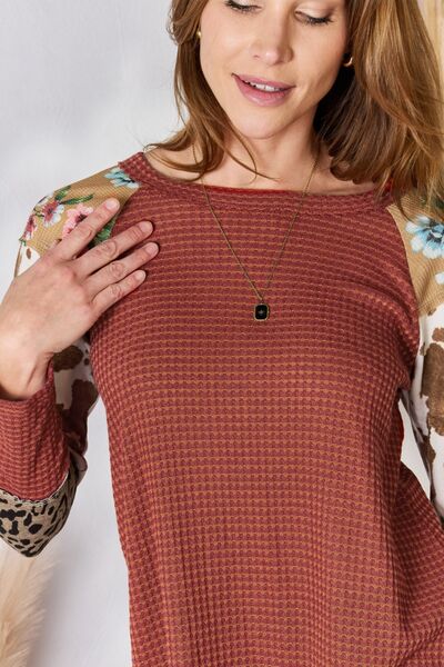 Hailey & Co Full Size Leopard Waffle-Knit Blouse - Tigbuls Variety Fashion
