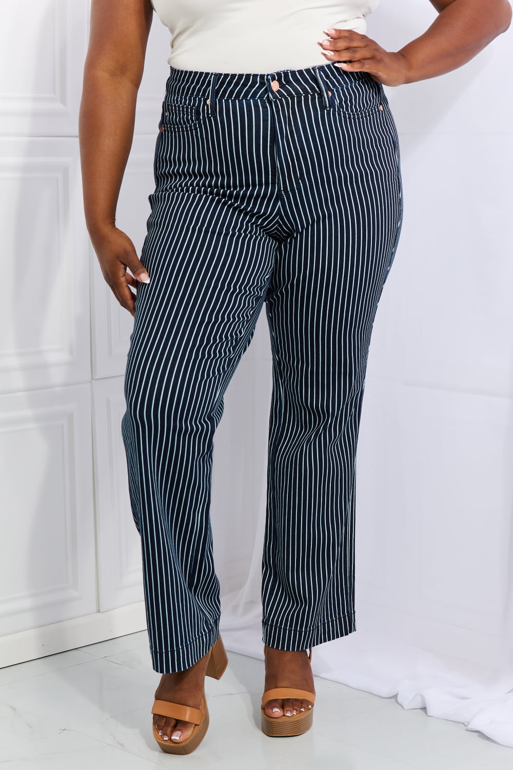 Judy Blue Cassidy Full Size High Waisted Tummy Control Striped Straight Jeans - Tigbul's Fashion