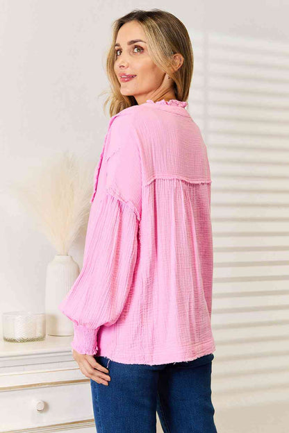 Pink Exposed Seam Buttoned Notched Neck Blouse - Tigbuls Variety Fashion