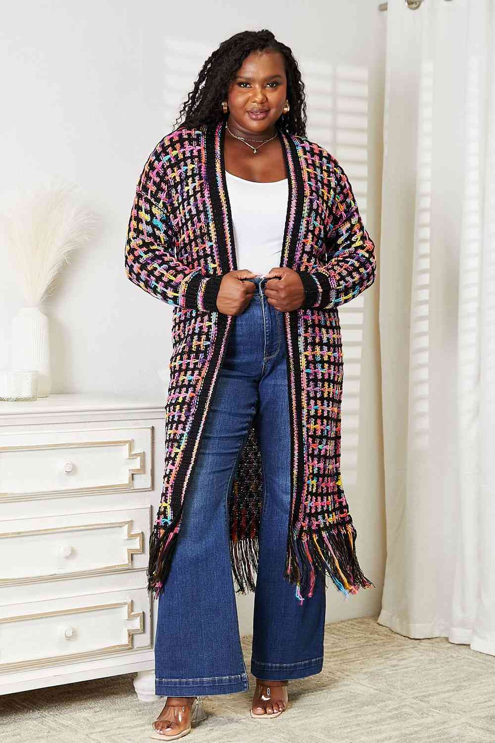 Double Take Full Size Multicolored Open Front Fringe Hem Cardigan - Tigbuls Variety Fashion