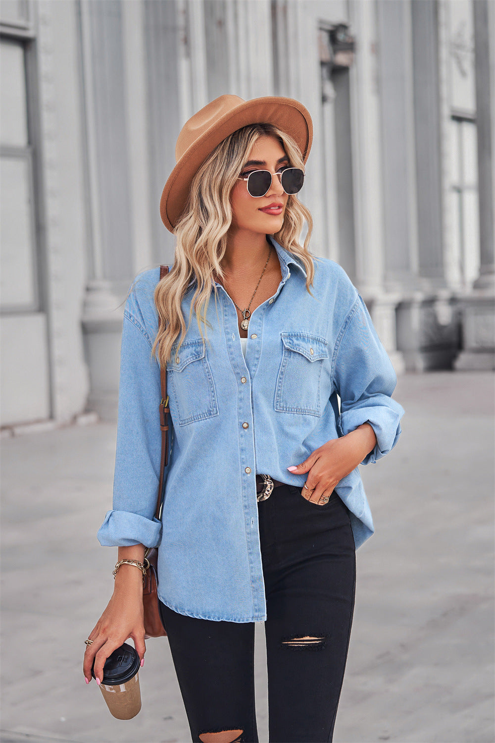 Collared Neck Dropped Shoulder Denim Top - Tigbul's Fashion