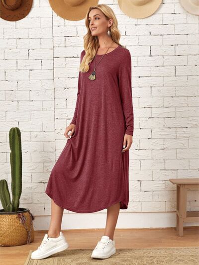Casual Round Neck Long Sleeve Tee Dress with Pockets - Tigbuls Variety Fashion