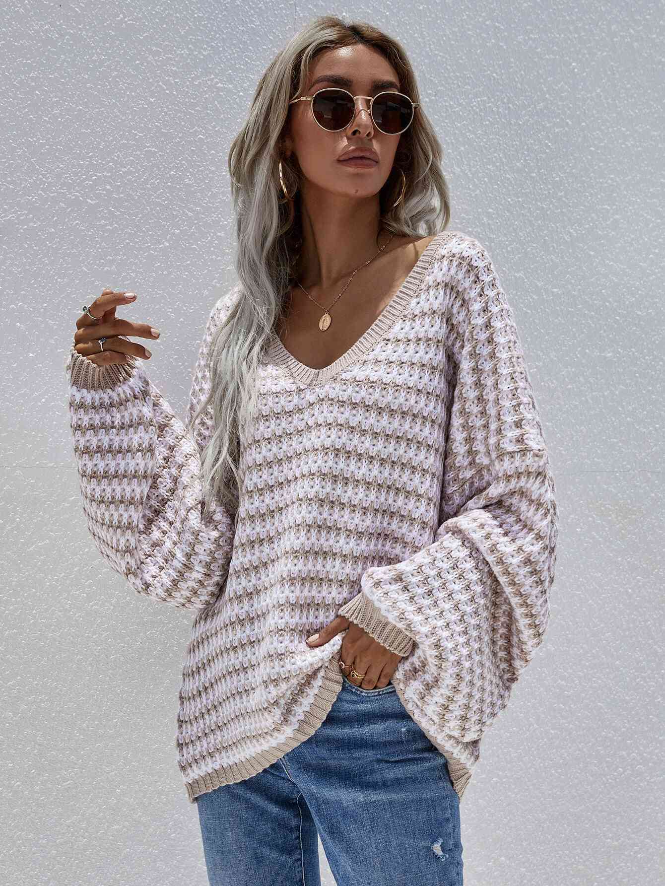 Striped Drop Shoulder V-Neck Pullover Sweater - Tigbuls Variety Fashion