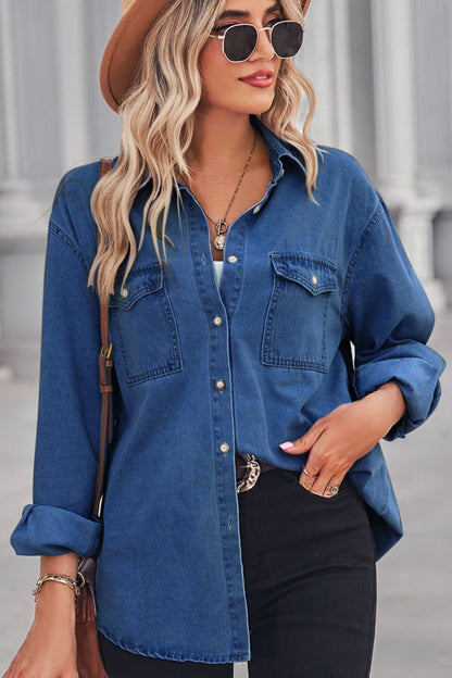 Collared Neck Dropped Shoulder Denim Top - Tigbul's Fashion