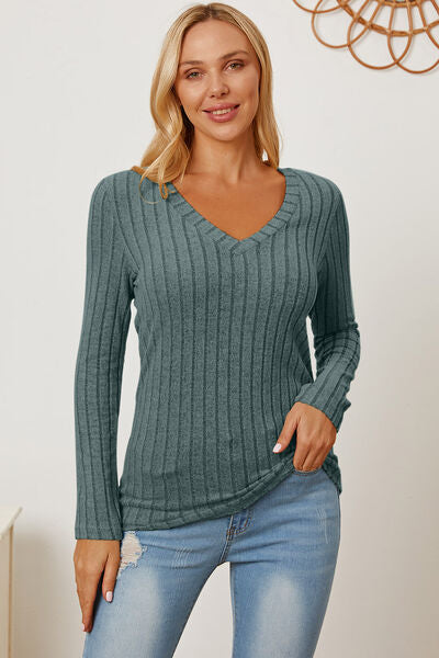 Basic Bae Full Size Ribbed V-Neck Long Sleeve T-Shirt - Tigbuls Variety Fashion