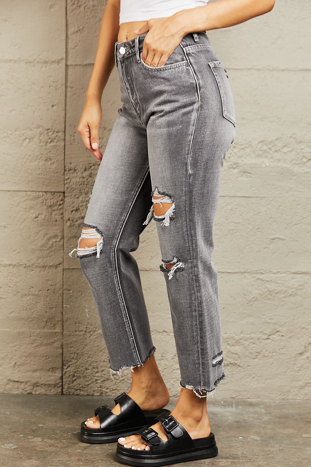 BAYEAS Mid Rise Distressed Cropped Dad Jeans - Tigbul's Fashion