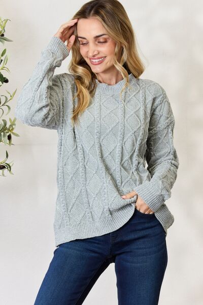 Cable Knit Round Neck Sweater in Sage - Tigbuls Variety Fashion