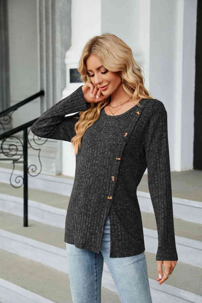 Buttoned Long Sleeve Slit Top - Tigbuls Variety Fashion