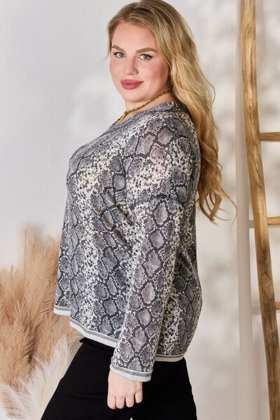 Hailey & Co Full Size Snakeskin V-Neck Long Sleeve Top - Tigbuls Variety Fashion