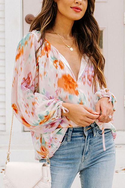 Printed Tie Neck Long Sleeve Blouse - Tigbuls Fashion