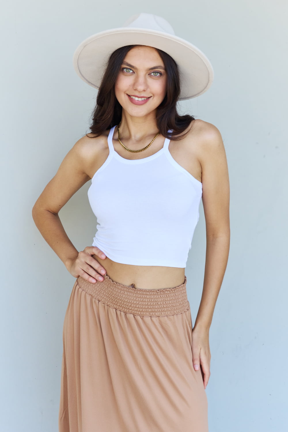 Doublju Comfort Princess Full Size High Waist Scoop Hem Maxi Skirt in Tan - Tigbul's Fashion