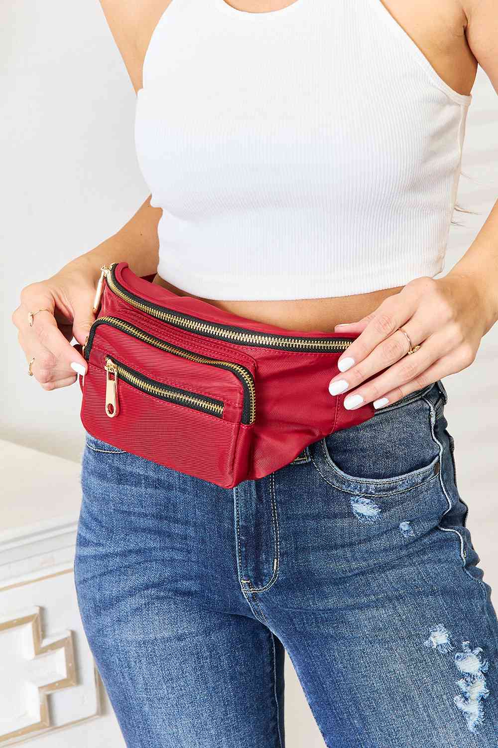 Deep Red Triple Pocket Nylon Fanny Pack | Tigbuls Variety Fashion