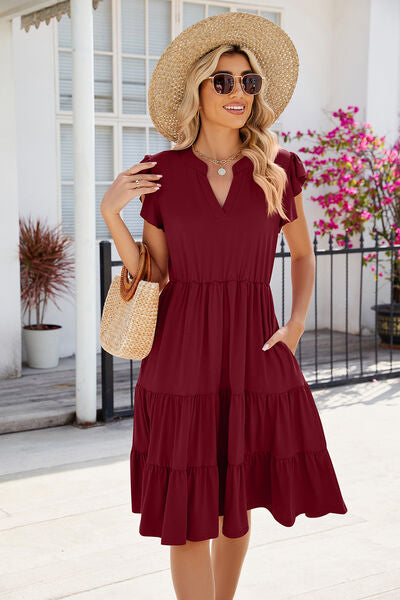 Ruched Notched Cap Sleeve Dress - Tigbuls Variety Fashion