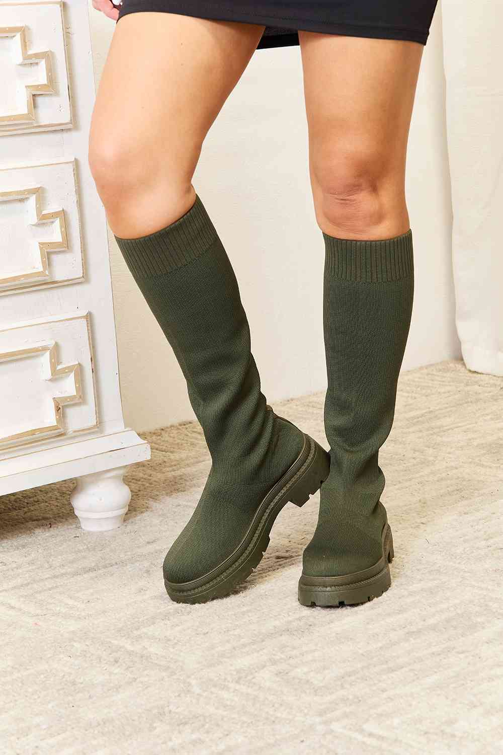 Olive Green Knee High Platform Sock Boots - Tigbuls Variety Fashion