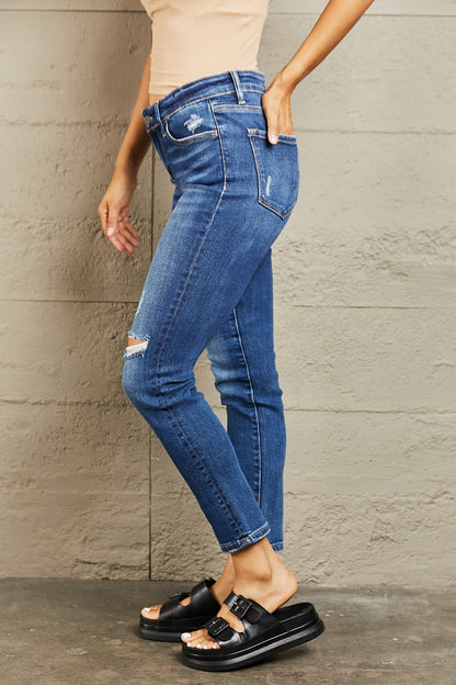 Mid Rise Dark Wash Distressed Slim Jeans | Tigbuls Variety Fashion