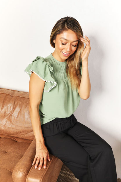 Double Take Pleated Detail Flutter Sleeve Blouse - Tigbuls Variety Fashion