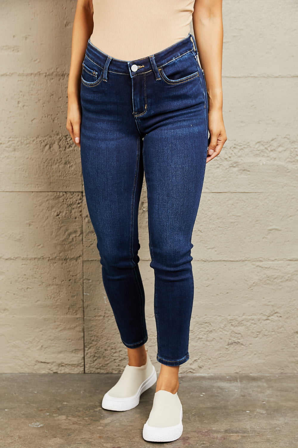 Dark Wash Mid Rise Slim Jeans - Tigbul's Fashion