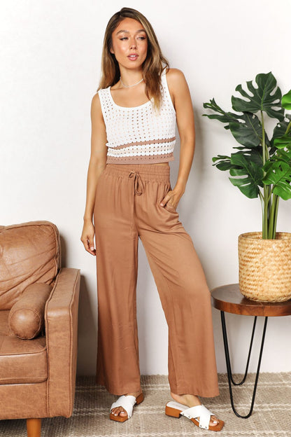 Double Take Drawstring Smocked Waist Wide Leg Pants - Tigbuls Fashion