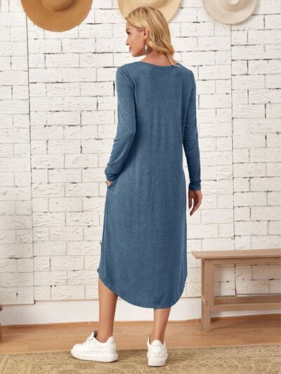 Casual Round Neck Long Sleeve Tee Dress with Pockets - Tigbuls Variety Fashion