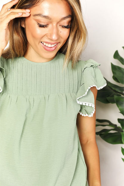 Double Take Pleated Detail Flutter Sleeve Blouse - Tigbuls Variety Fashion