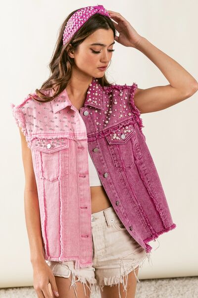 Pink Pearl & Rhinestone Detail Contrast Raw Hem Vest Coat - Tigbuls Variety Fashion