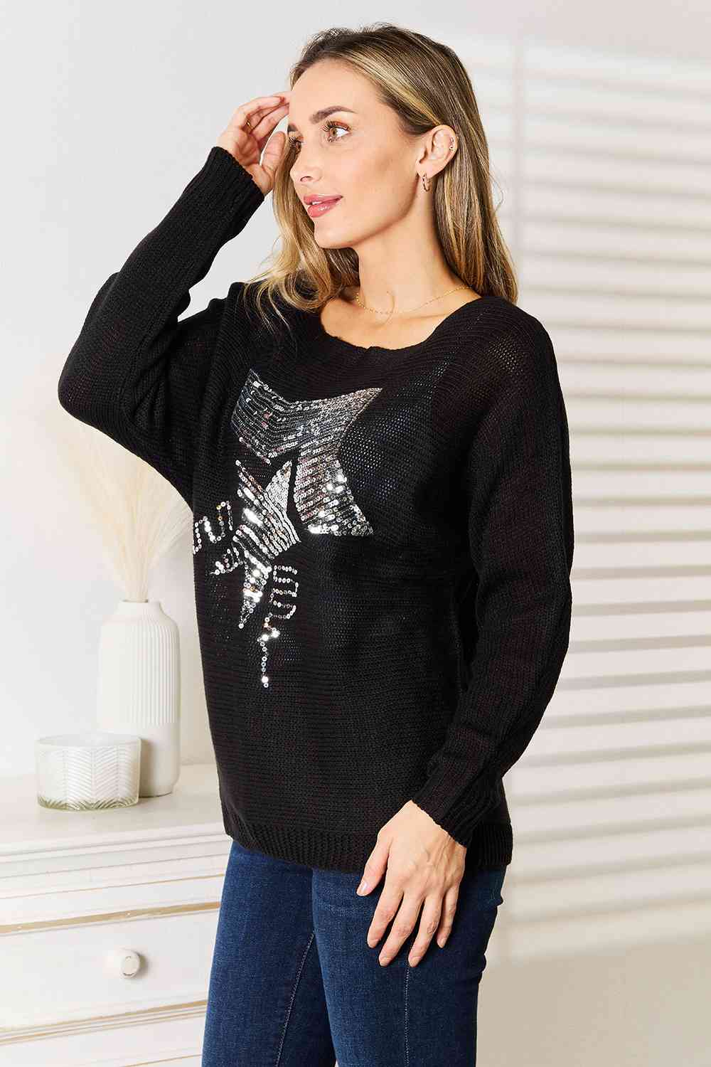 Double Take Sequin Graphic Dolman Sleeve Knit Top - Tigbuls Variety Fashion