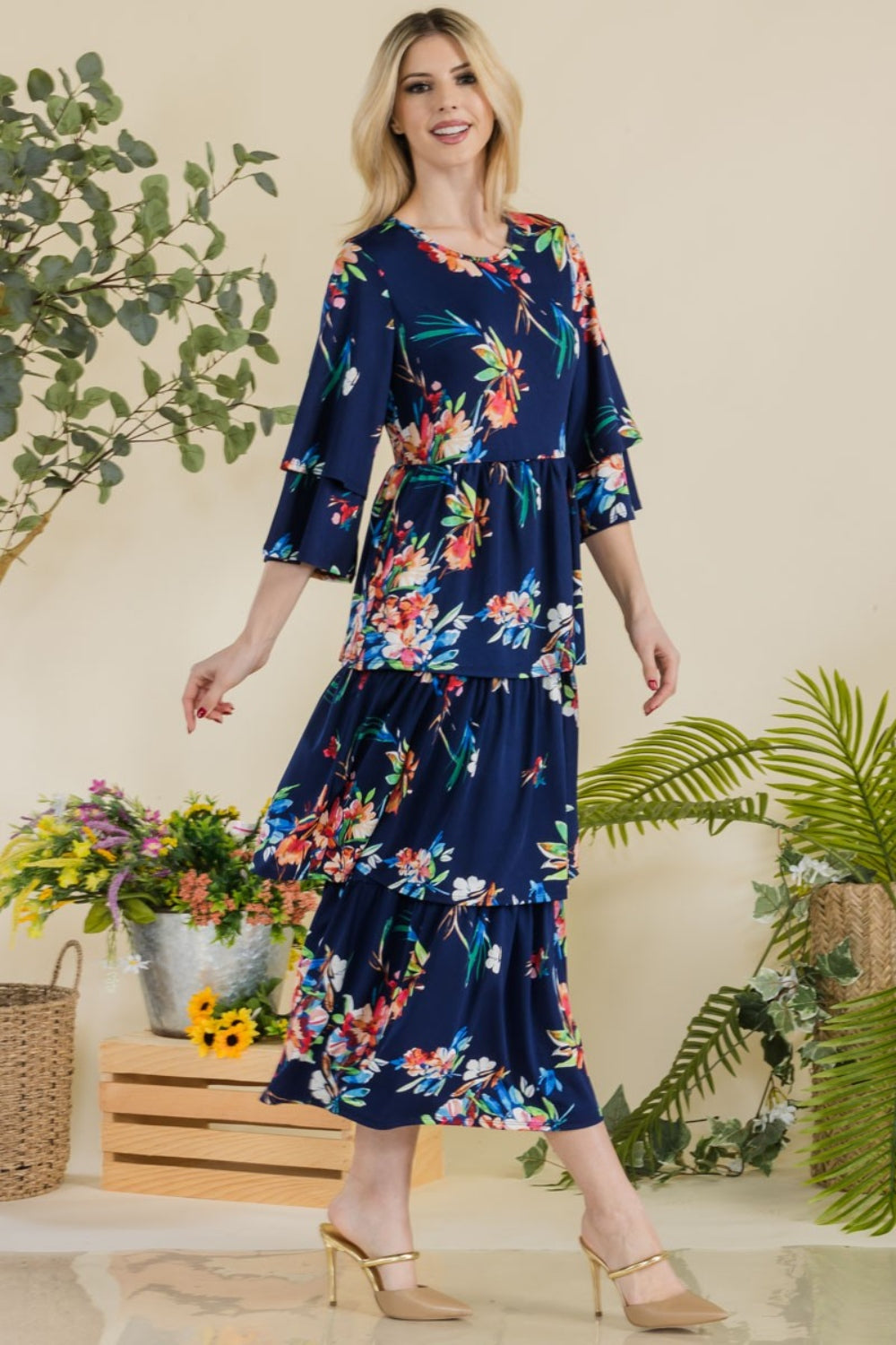 Celeste Full Size Floral Ruffle Tiered Midi Dress - Tigbuls Variety Fashion