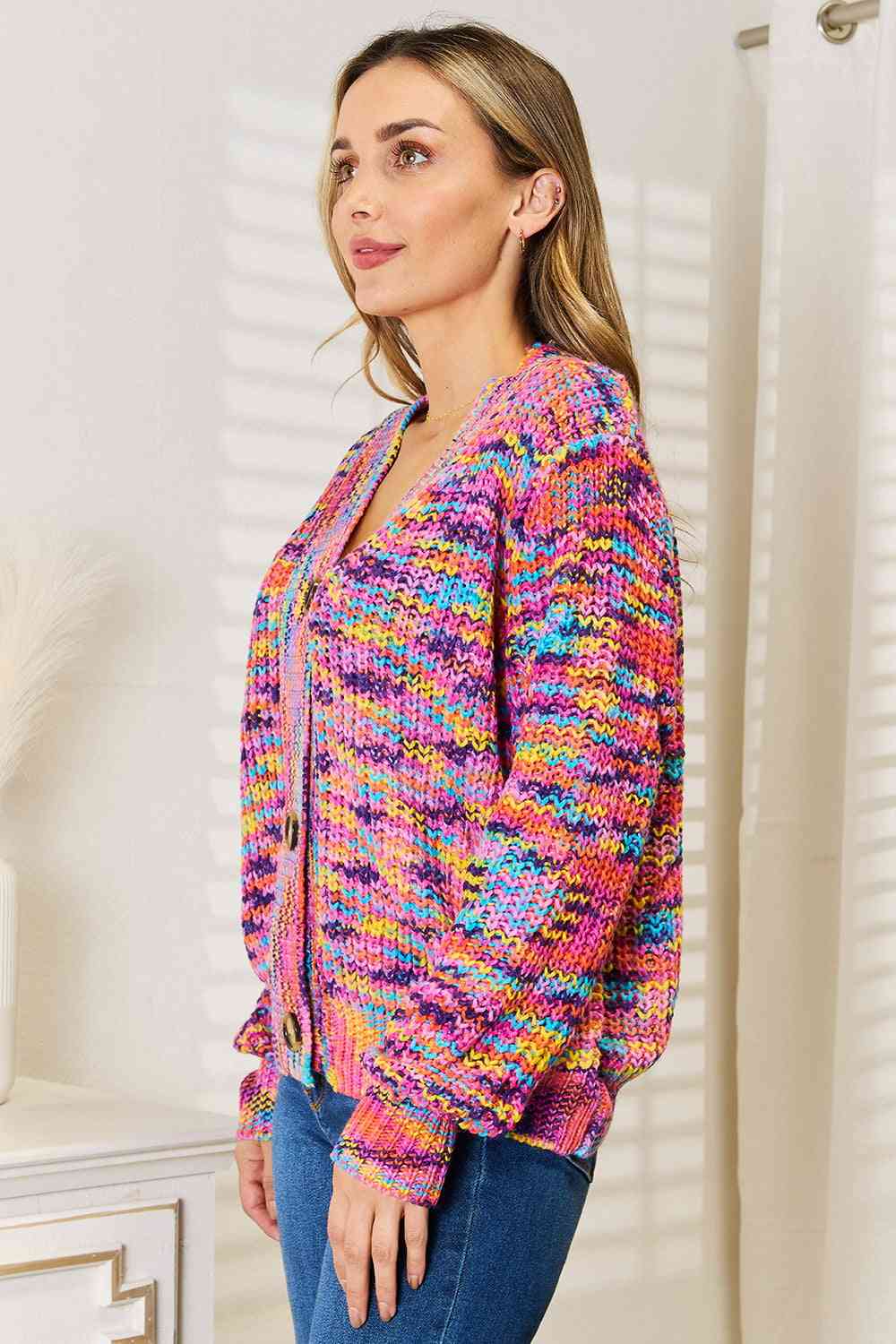Pink Multicolor V-Neck Long Sleeve Cardigan - Tigbuls Variety Fashion