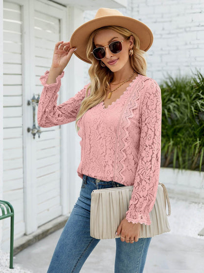 Lace V-Neck Flounce Sleeve Blouse - Tigbuls Variety Fashion