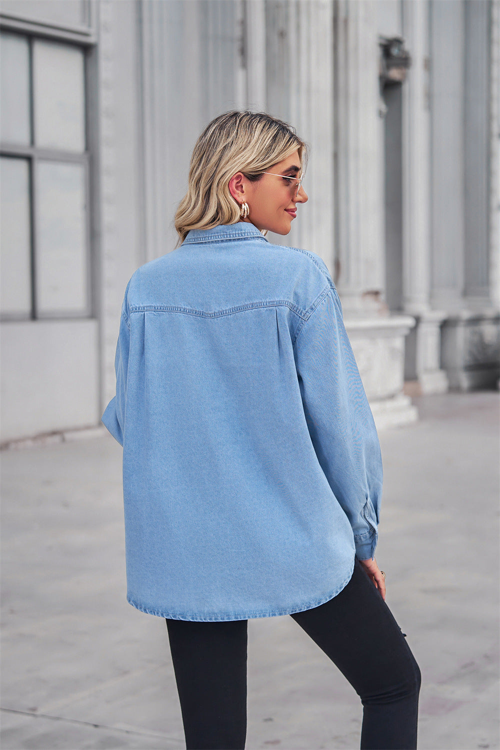 Collared Neck Dropped Shoulder Denim Top - Tigbul's Fashion