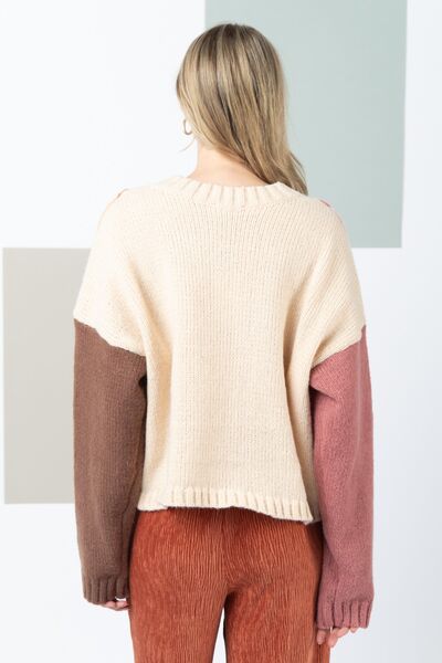 Very J Color Block Cable Knit Long Sleeve Sweater - Tigbuls Variety Fashion