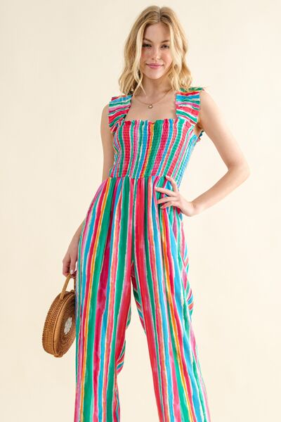 And The Why Full Size Striped Smocked Sleeveless Jumpsuit - Tigbuls Variety Fashion