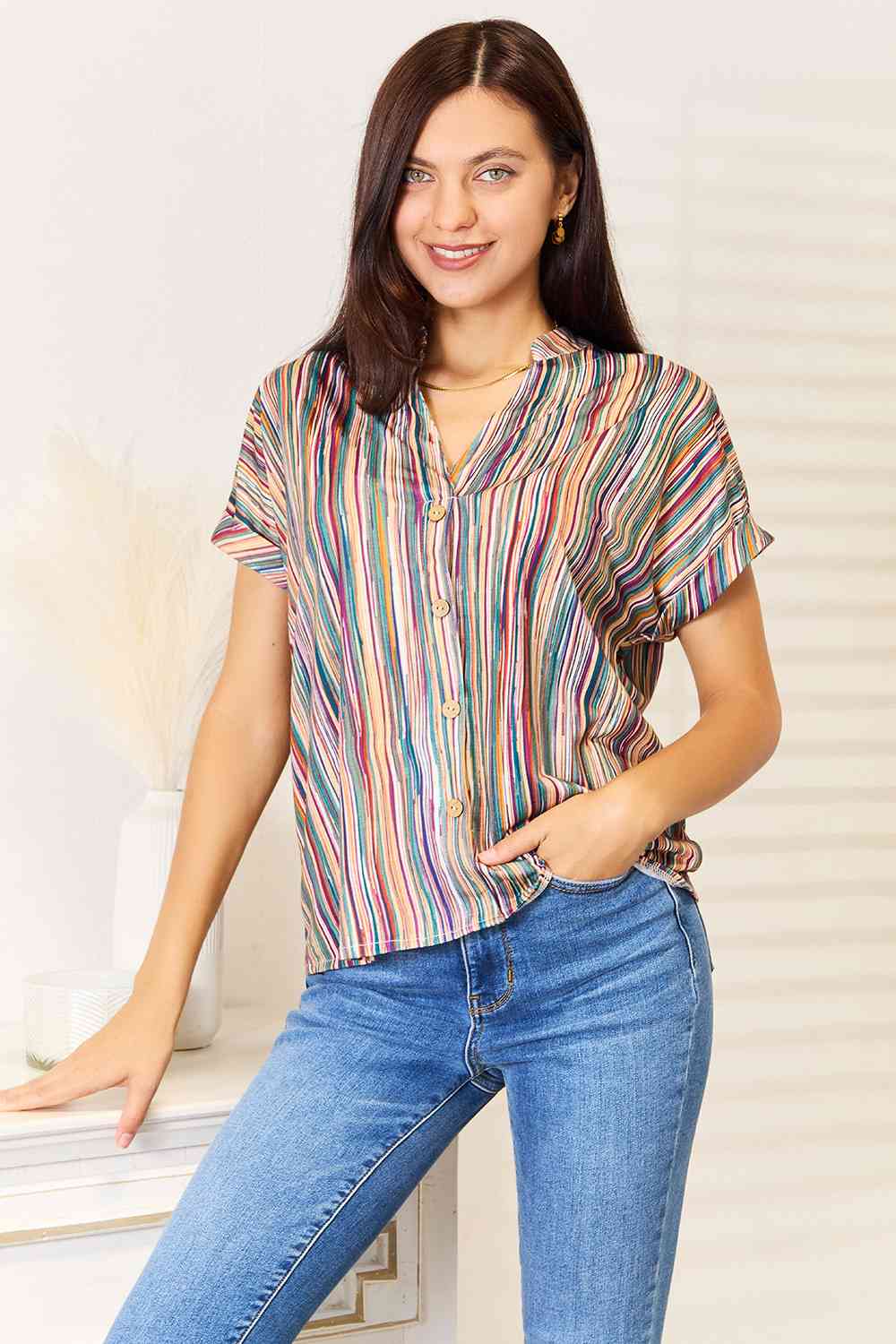 Double Take Multicolored Stripe Notched Neck Top - Tigbuls Variety Fashion