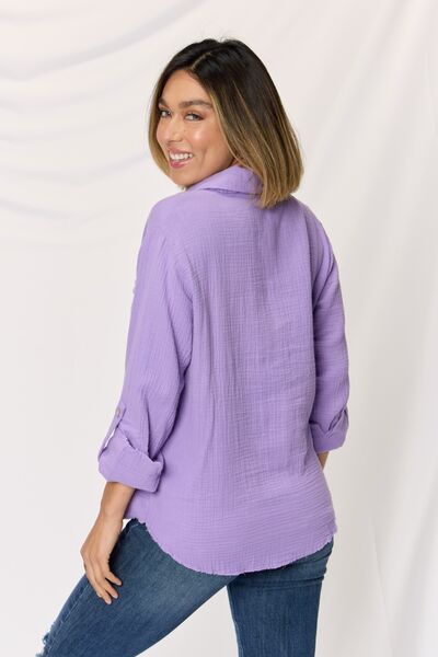 Zenana Texture Button Up Raw Hem Long Sleeve Shirt - Tigbuls Variety Fashion