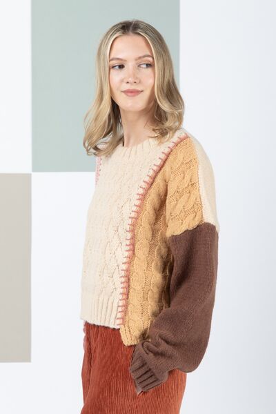 Very J Color Block Cable Knit Long Sleeve Sweater - Tigbuls Variety Fashion
