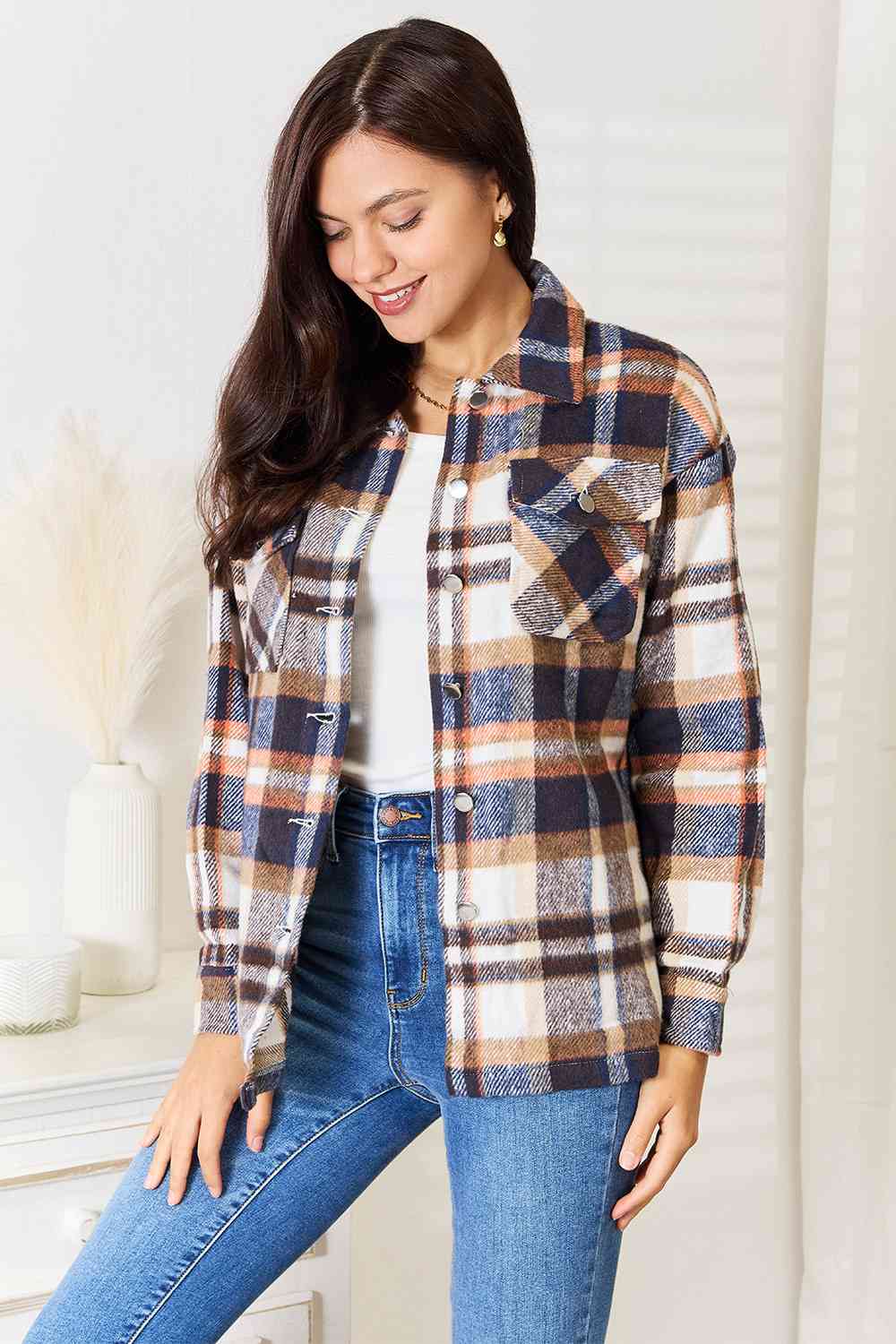 Double Take Plaid Button Front Shirt Jacket with Breast Pockets - Tigbuls Variety Fashion