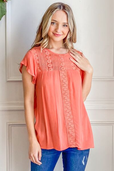 And The Why Lace Detail Ruffle Short Sleeve Blouse - Tigbuls Variety Fashion