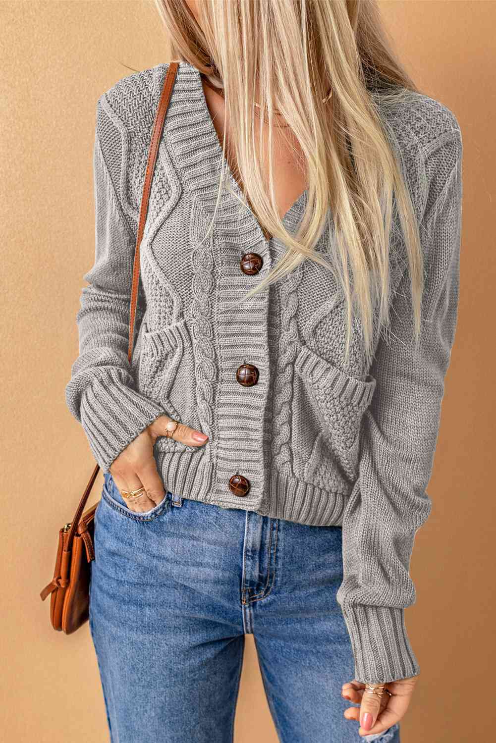 Woven Right Mixed Knit Button Down Cardigan with Pockets - Tigbuls Variety Fashion