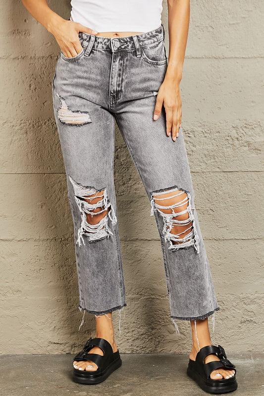 Heather Gray Acid Wash Distressed Cropped Straight Jeans - Tigbul's Fashion
