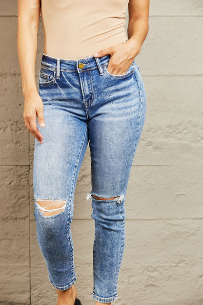 Medium Blue Mid Rise Distressed Skinny Jeans | Tigbuls Variety