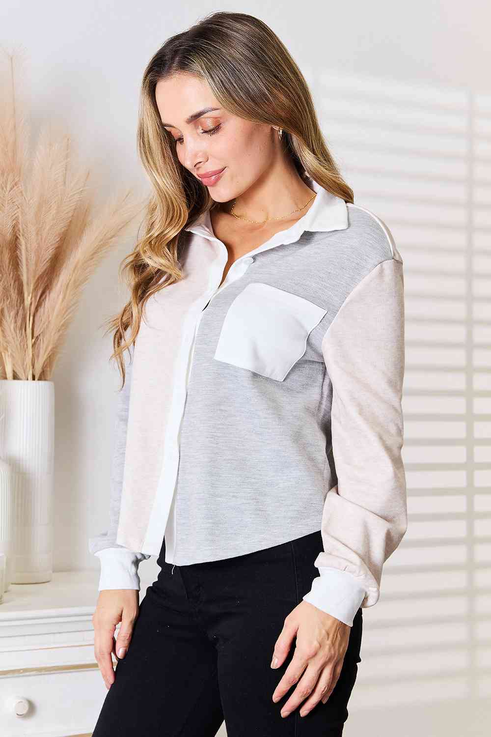 Light Gray Color Block Curved Hem Shirt - Tigbuls Variety Fashion