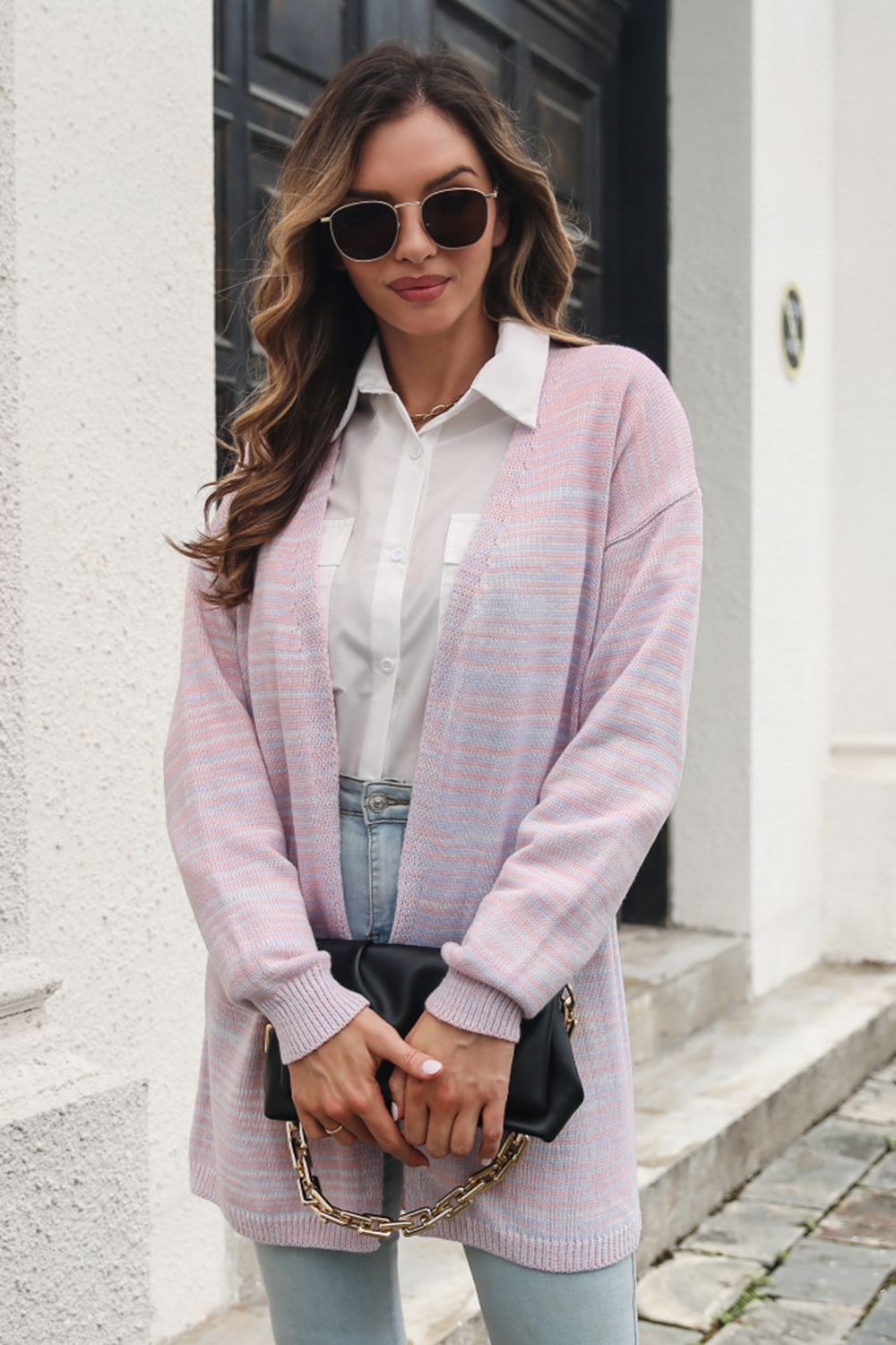 Pink Striped Open Front Longline Cardigan - Tigbuls Fashion