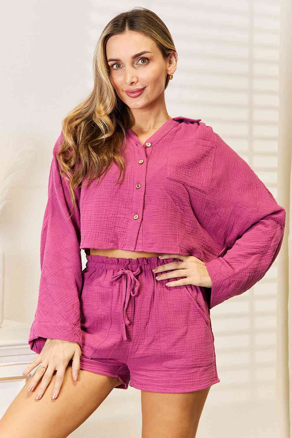 Fuchsia Buttoned Long Sleeve Top and Shorts Set - Tigbuls Variety Fashion