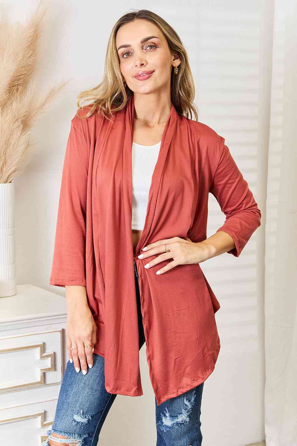 3/4 Sleeve Open Front Cardigan in Coral - Tigbuls Variety Fashion