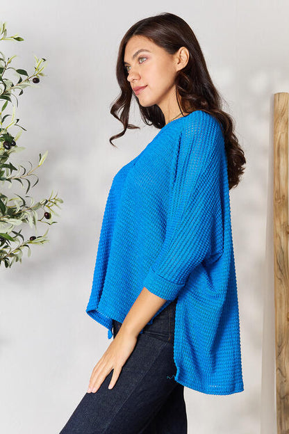 Ocean Blue Round Neck High-Low Slit Knit Top - Tigbuls Variety Fashion