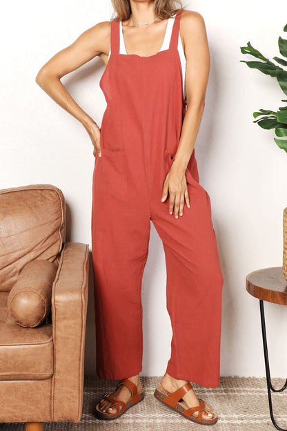 Red Orange Wide Leg Overalls with Front Pockets - Tigbuls Fashion