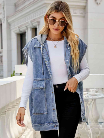 Hooded Sleeveless Denim Top with Pockets - Tigbuls Variety Fashion