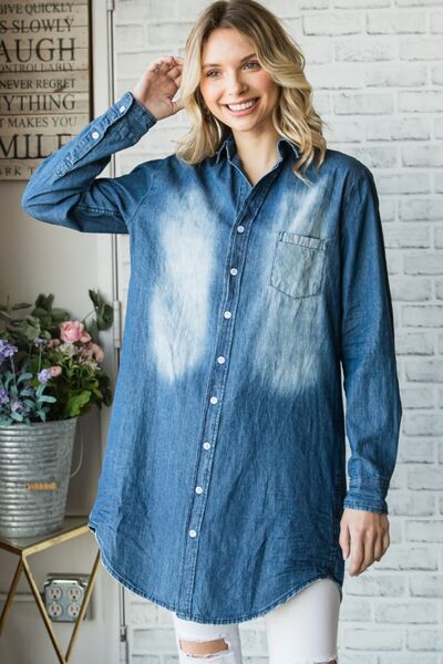 Pocketed Button Up Washed Long Denim Shirt - Tigbuls Variety Fashion