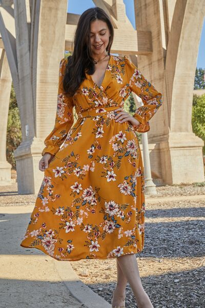 Double Take Full Size Floral Tie Back Flounce Sleeve Dress - Tigbuls Variety Fashion