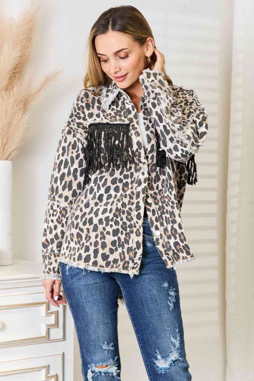 Double Take Leopard Fringe Detail Collared Neck Denim Jacket - Tigbuls Variety Fashion